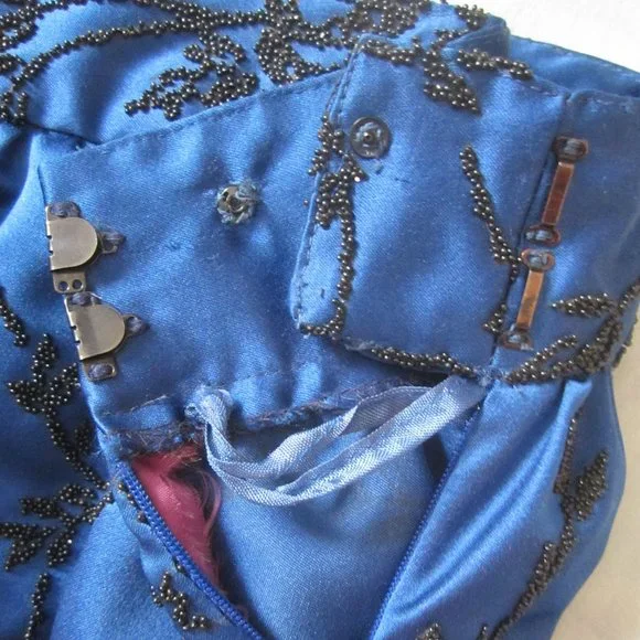 Chetta B Evening full length royal blue satin skirt w black beaded roses, sz 12